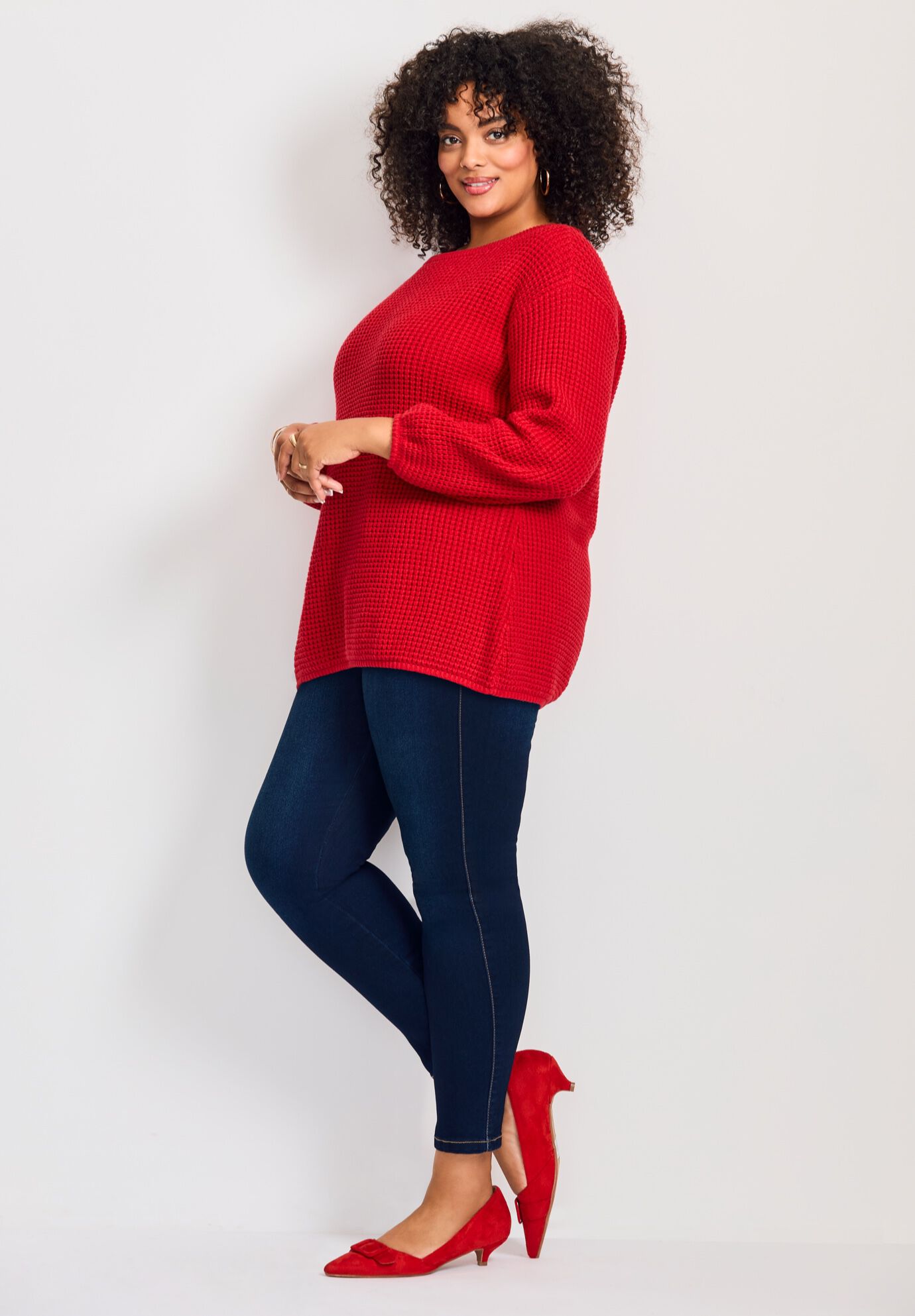 Waffle Stitch Pullover Sweater, VIBRANT RED, alternate image number 3