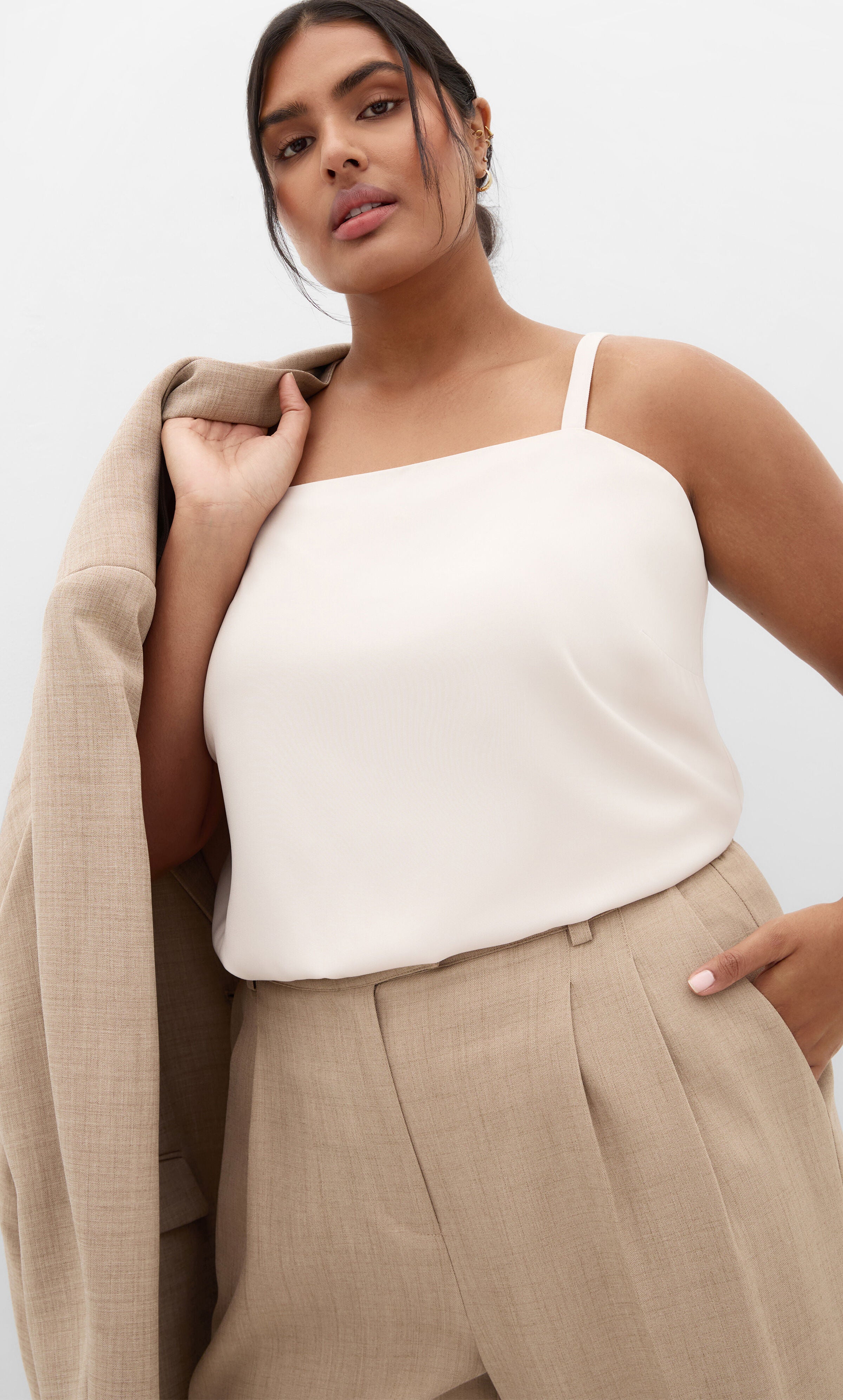 Sadie Straight Neck Cami - cream, BEIGE, hi-res image number 0