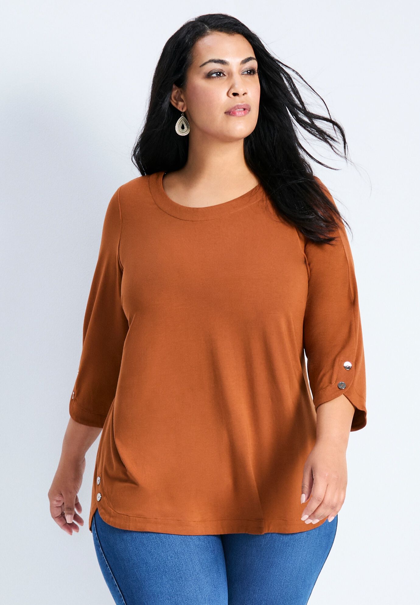 Sabrina Btn Dtl 3/4 Slv Top, HAZELNUT, hi-res image number 0