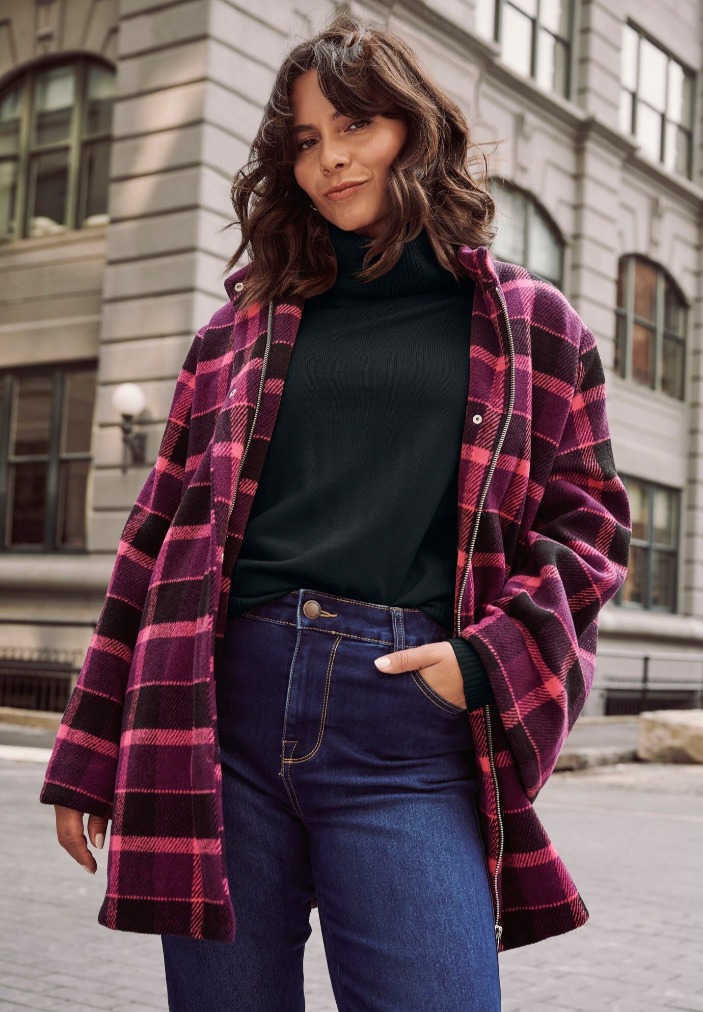 Brushed Wool Cape Coat, BERRY BOLD PLAID, hi-res image number 0