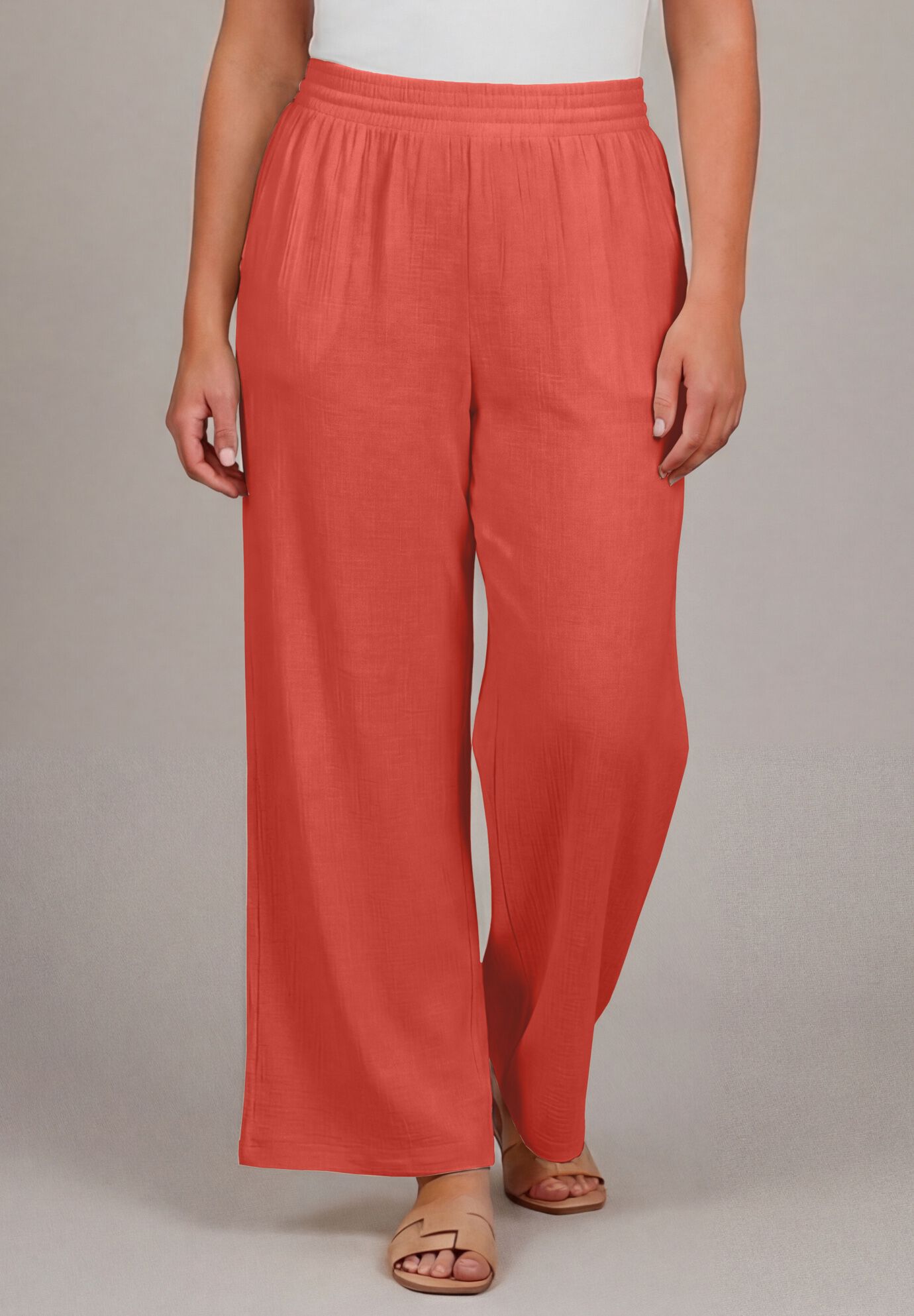 Knit Gauze Smocked Wide-Leg Pants, BURNT ORANGE, on-hover image number 1