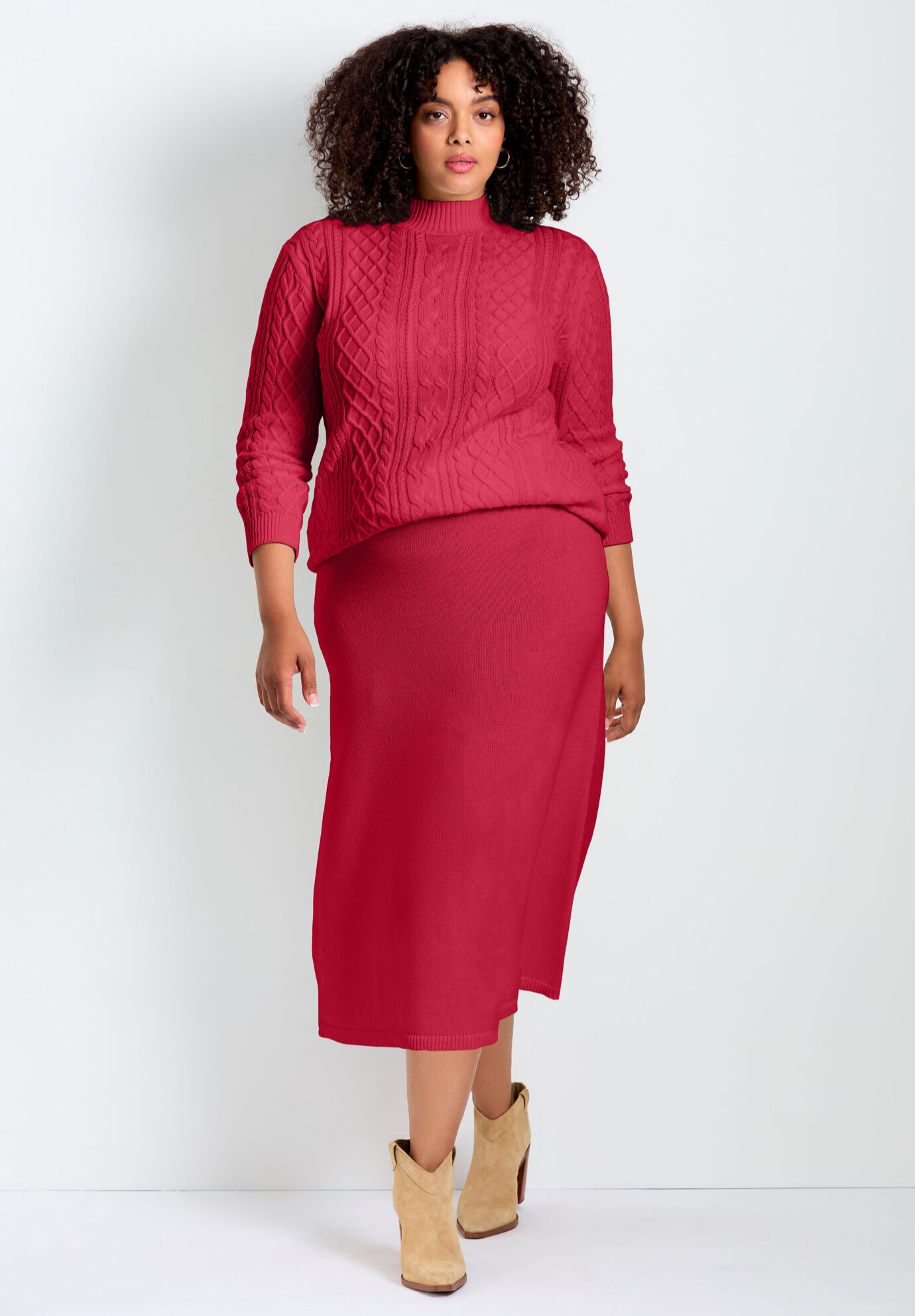 Mock Neck Cable Sweater, VIBRANT RED, alternate image number 2