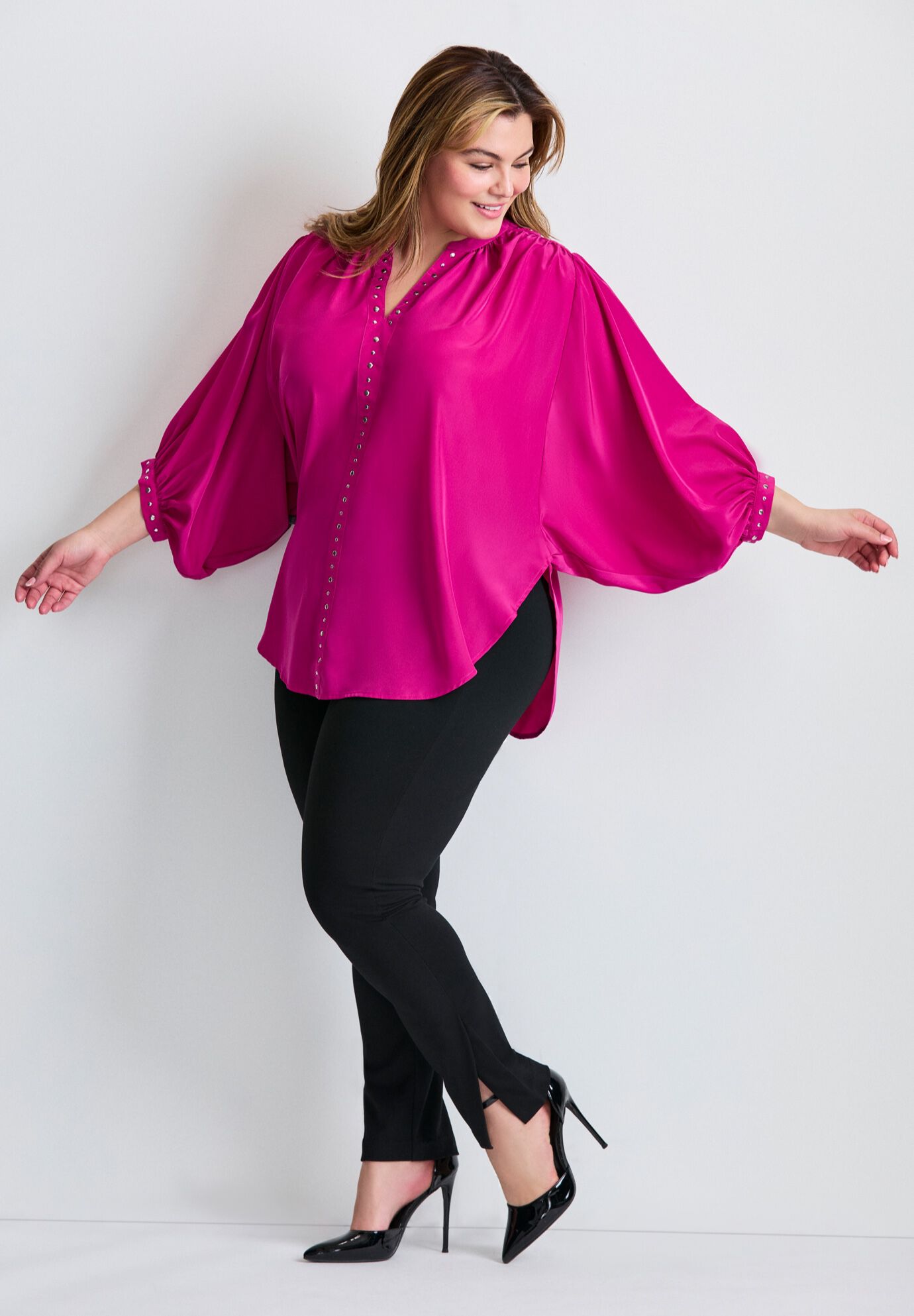 Studded Blouson Sleeve Blouse, RASPBERRY, alternate image number 3