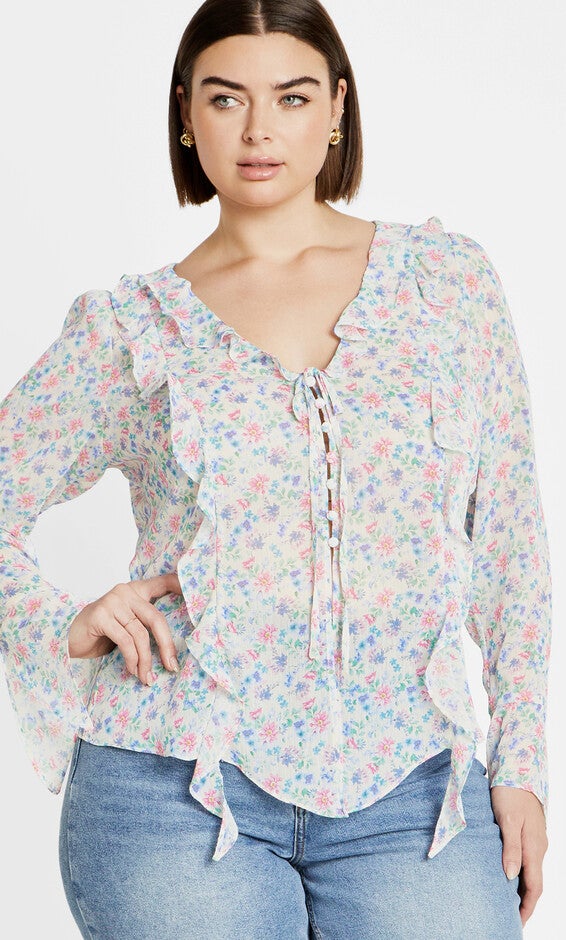 Lidia Ruffle Print Top - cream, PURPLE, hi-res image number null