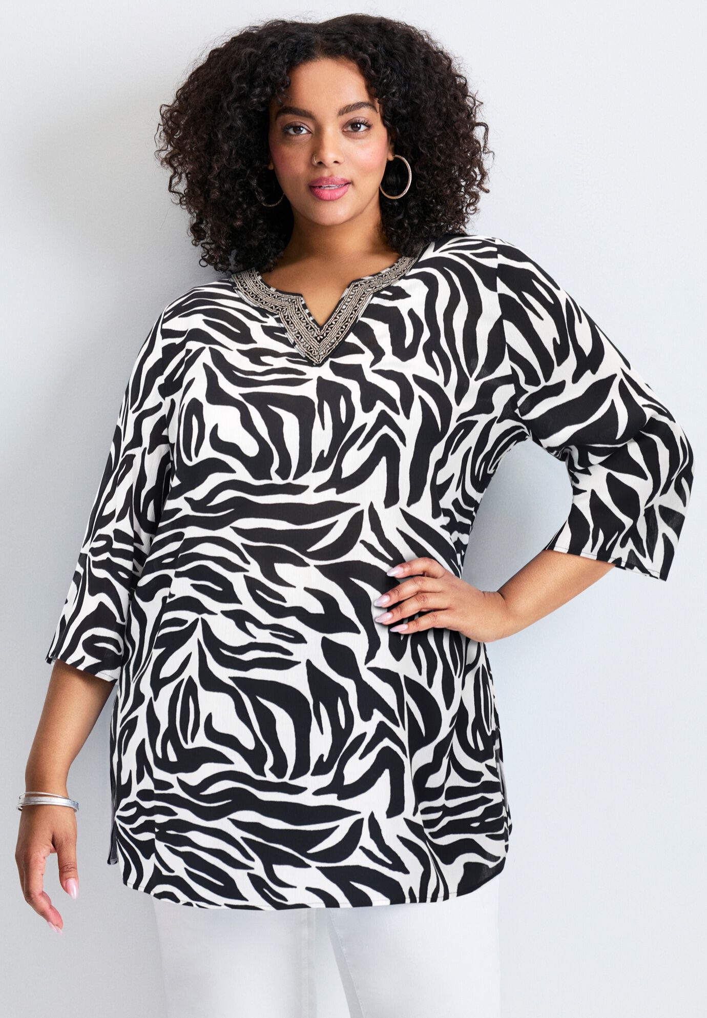 Beaded Embellishment Tunic, BLACK ABSTRACT ZEBRA, on-hover image number 1