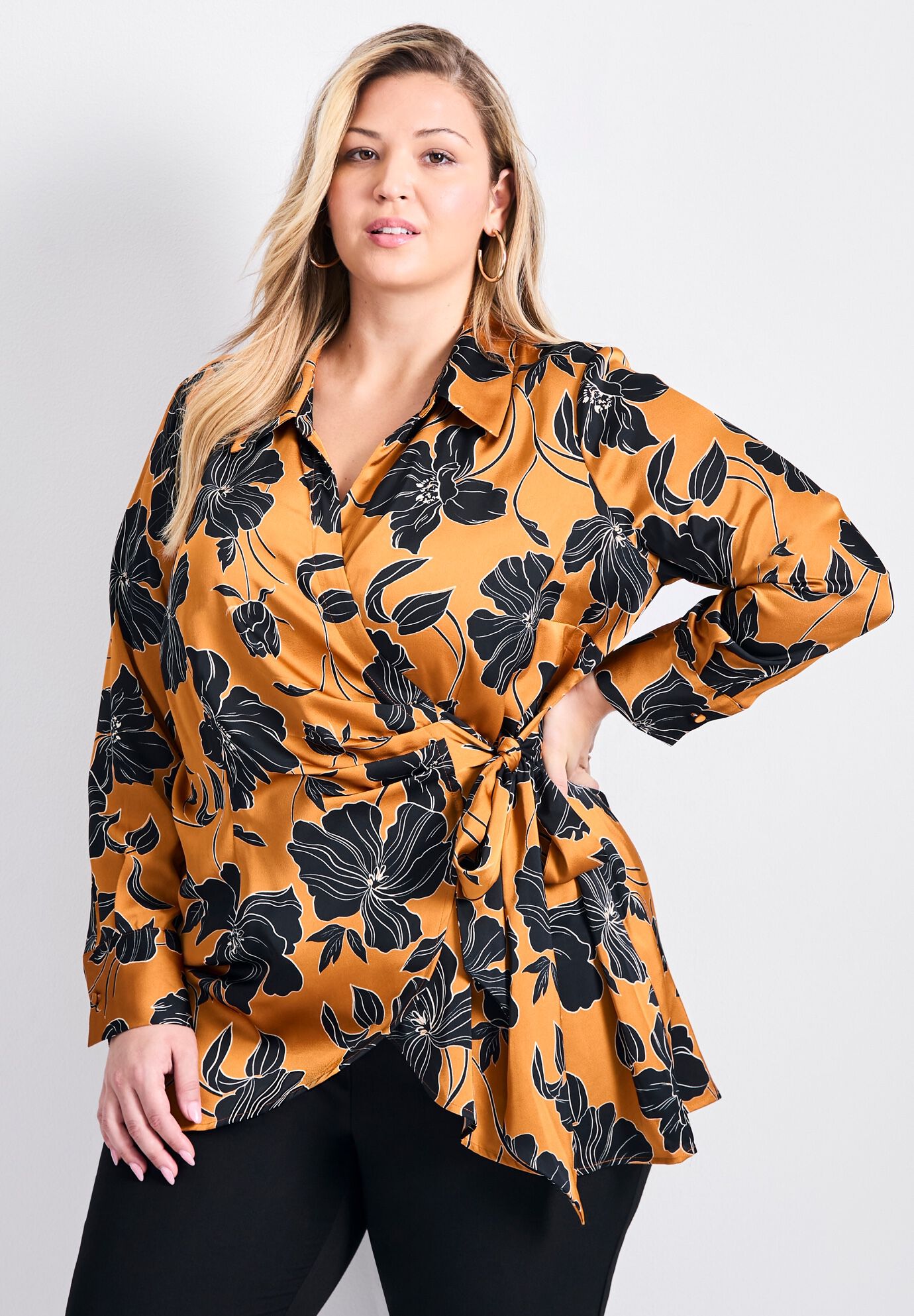 Goldi Satin Wrap Blouse, GOLDEN HOUR, hi-res image number 0