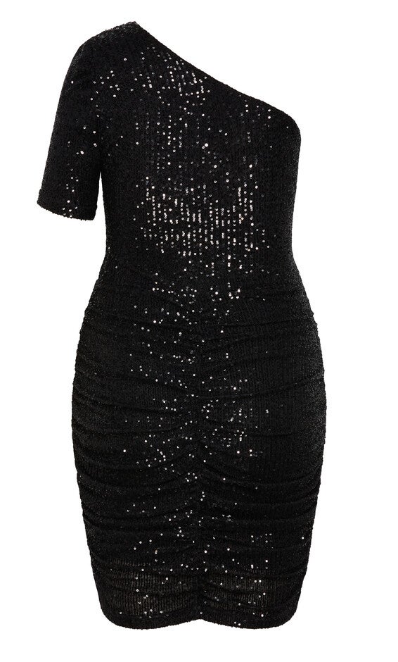 Angelina Asymmetrical Neck Ruched Dress - black, BLACK, alternate image number 5