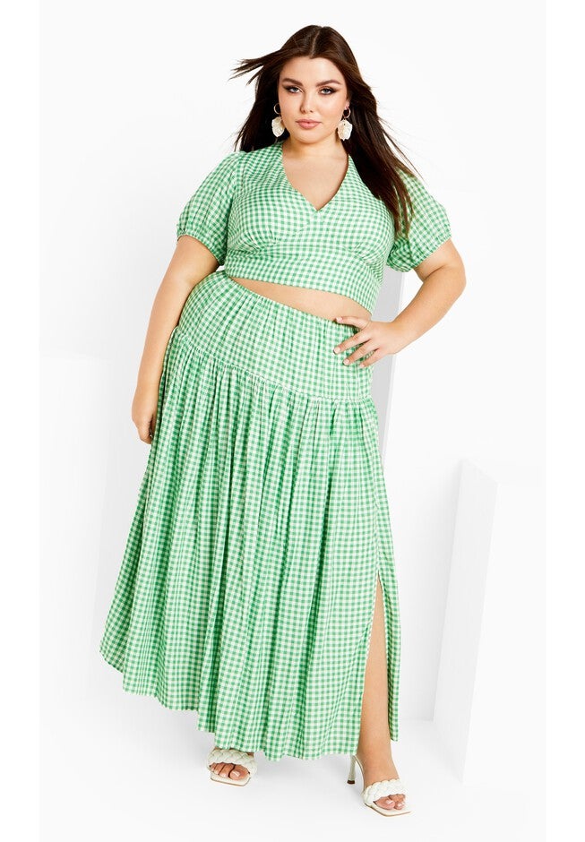 Amber Puff Sleeves Pleated Set - green gingham, GREEN, on-hover image number 1