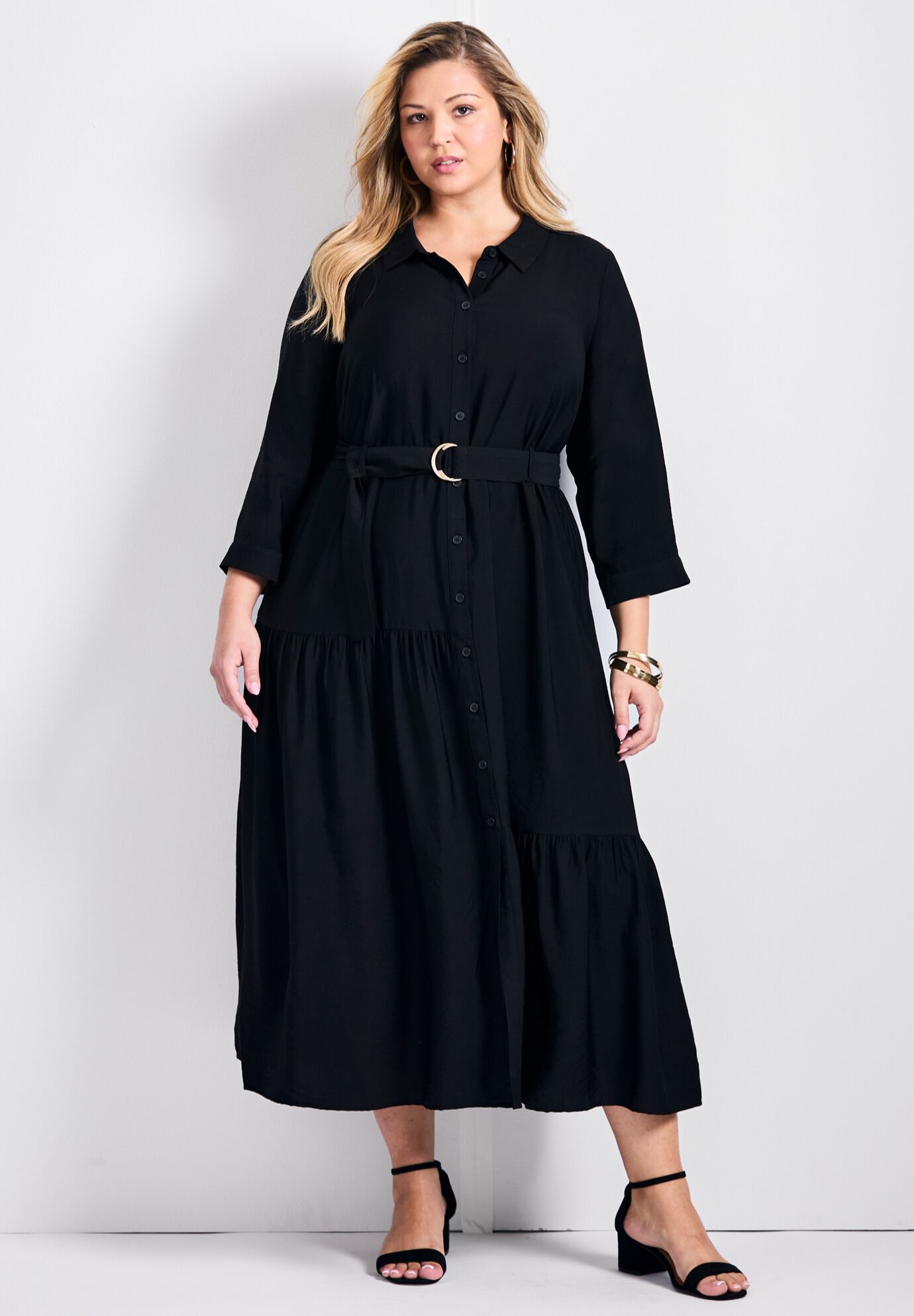 Flora Pln Button Thru Shirtdress With D Ring Self Fabric Belt, BLACK, hi-res image number 0