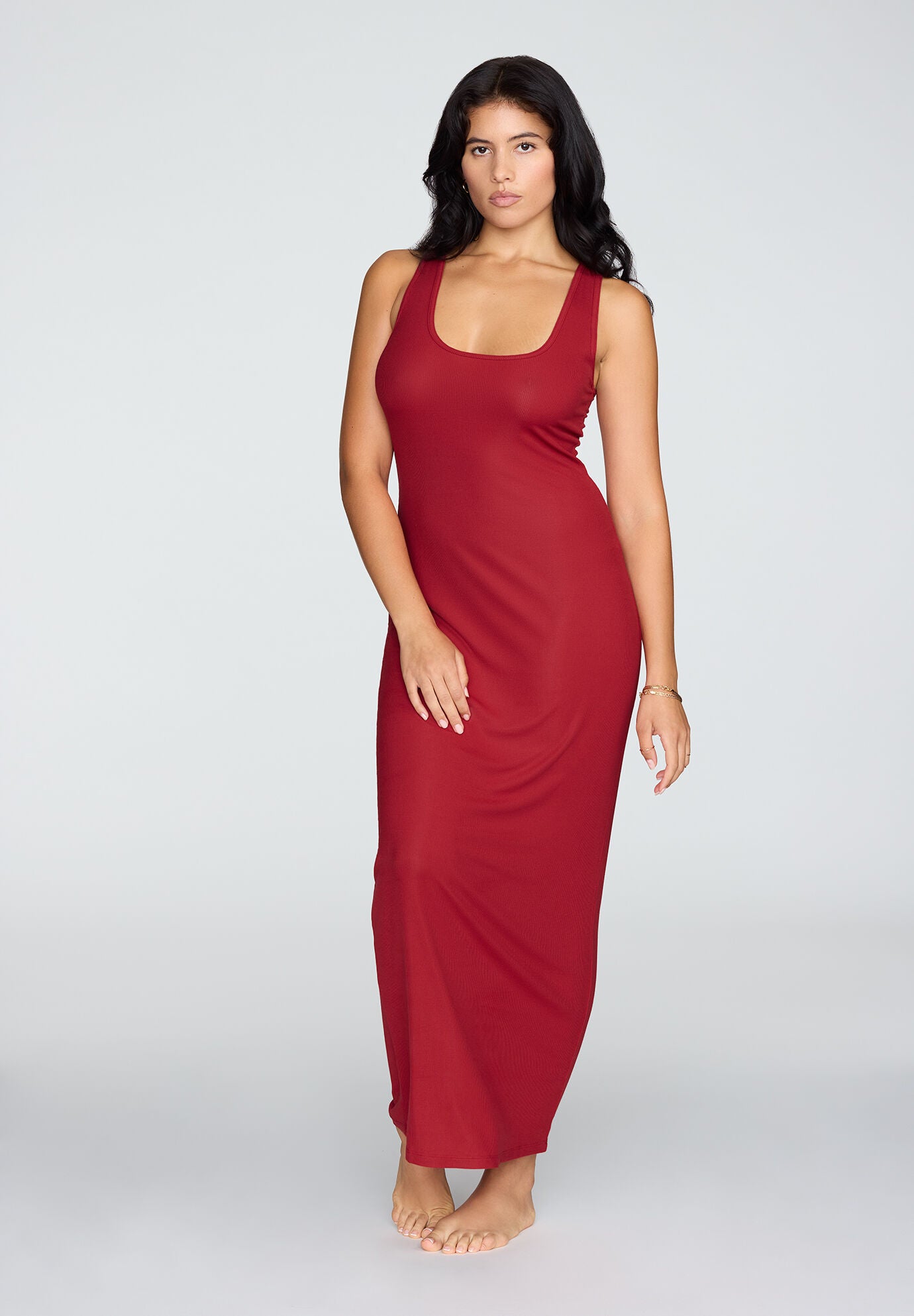 The Midi Dress - Modal Silk Rib, SCARLET, on-hover image number 1