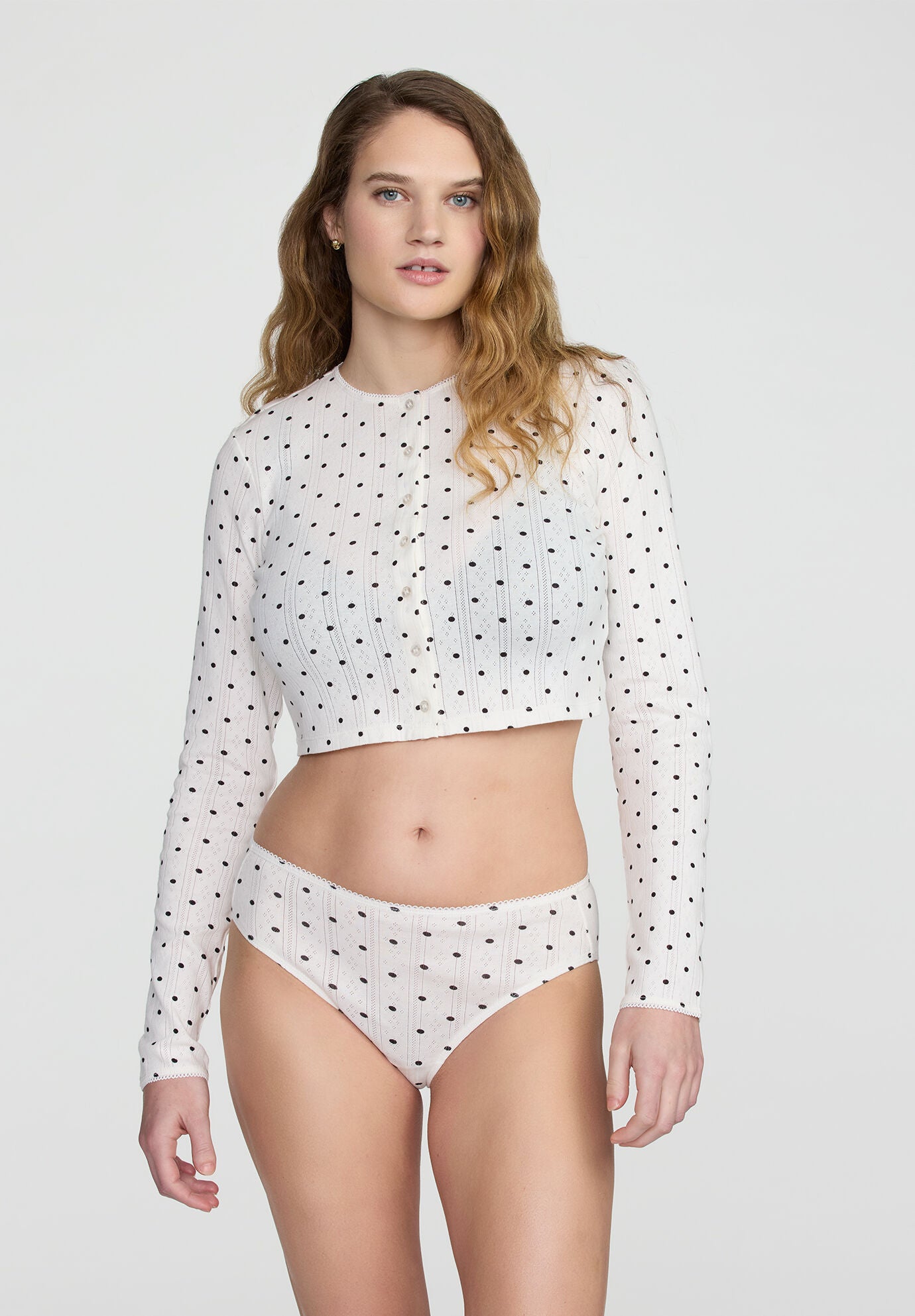 The Cropped Cardigan- Pointelle, SALT POLKA DOT, on-hover image number 1