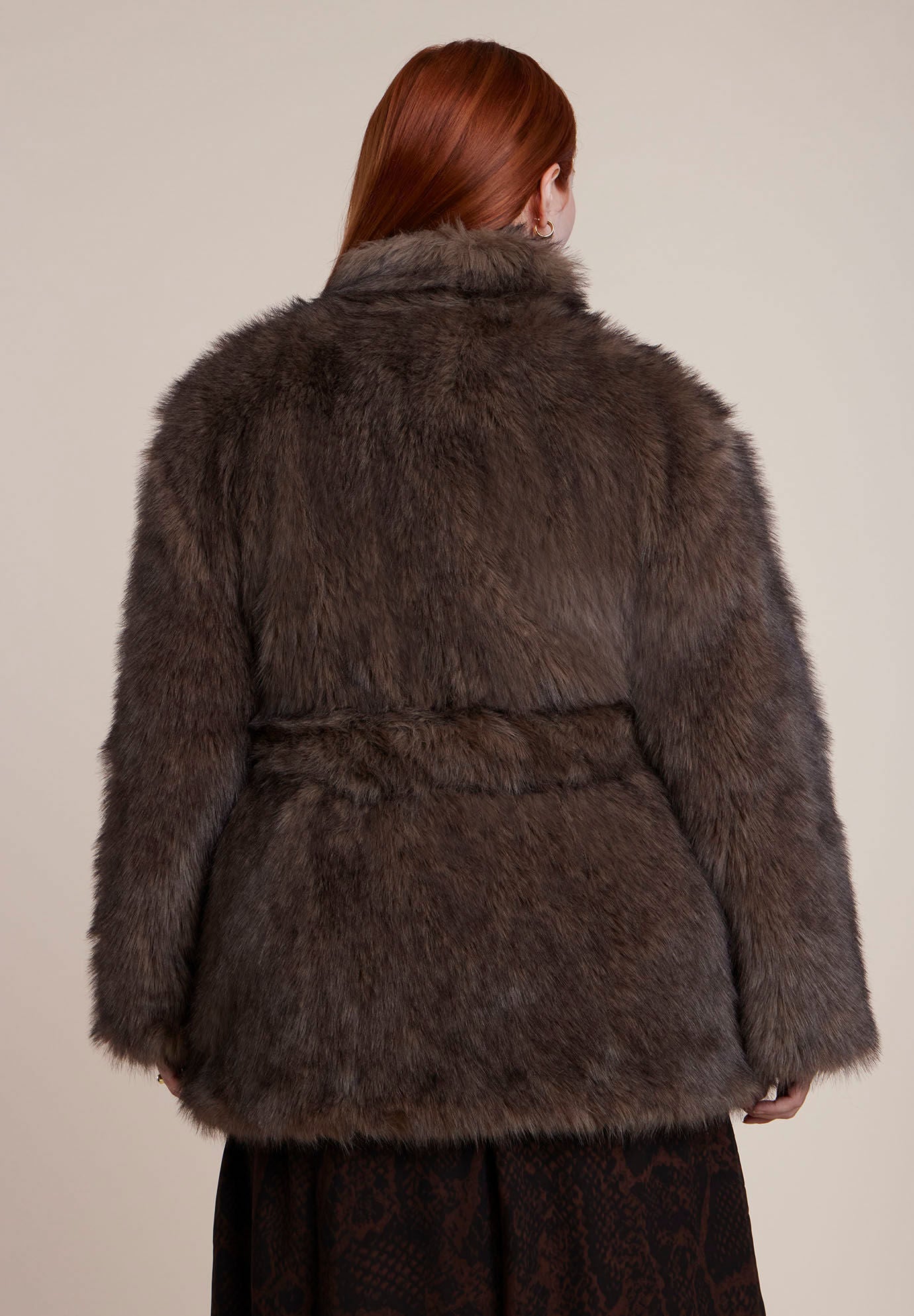 Belted Faux Fur Jacket, BROWN, alternate image number 2
