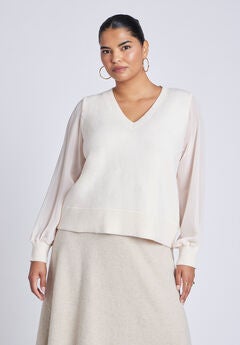 Sheer Sleeve V-Neck Sweater