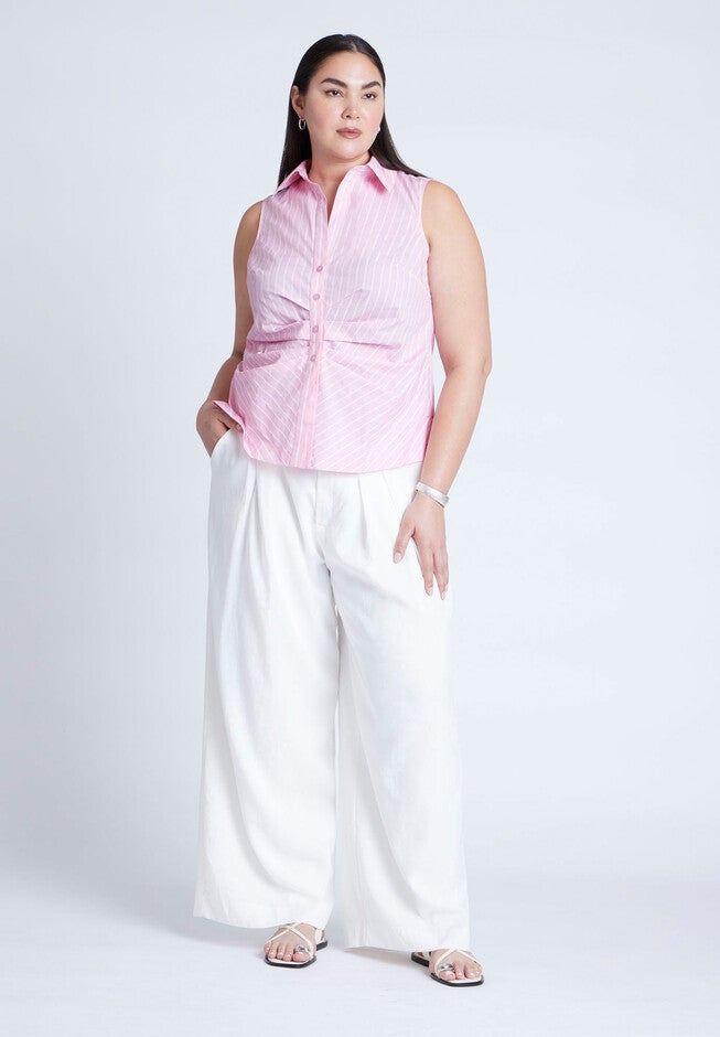 Striped Sleeveless Collared Top, PINK AND WHITE STRIPE, alternate image number null