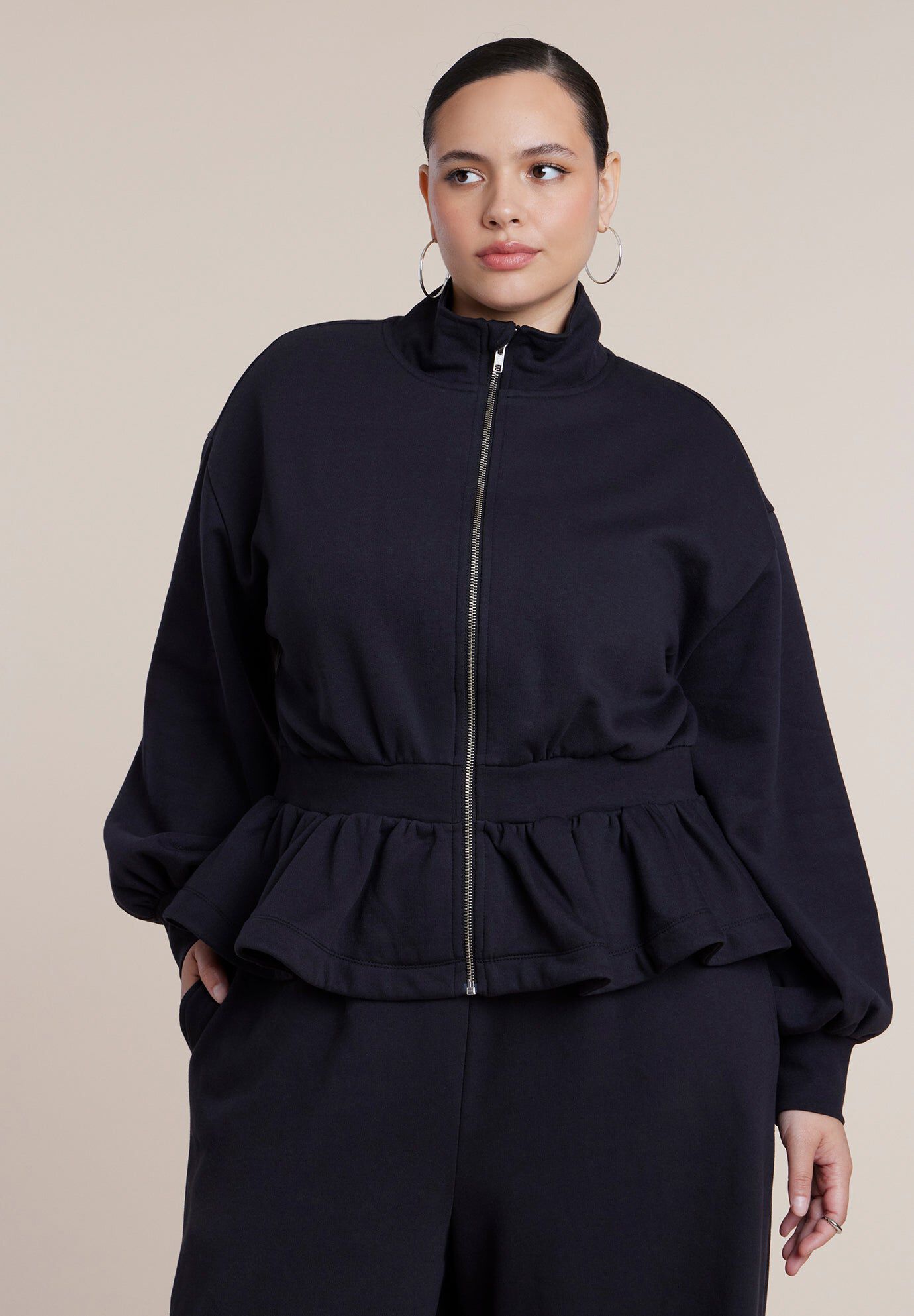 Cinched Zip-Front Peplum Sweatshirt