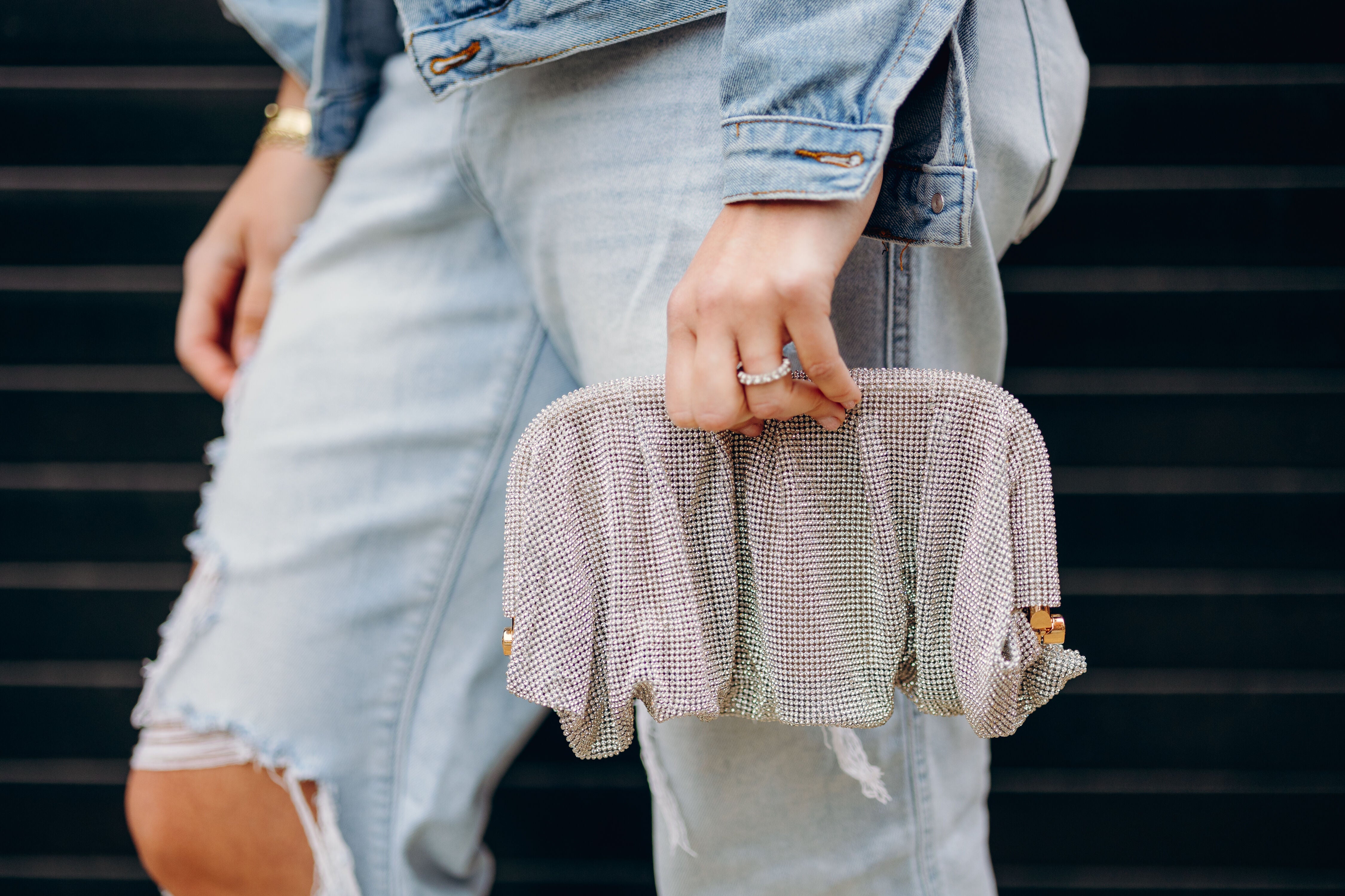 Crystal Embellished Bag With Detachable Chain - Silver, SILVER, alternate image number 3