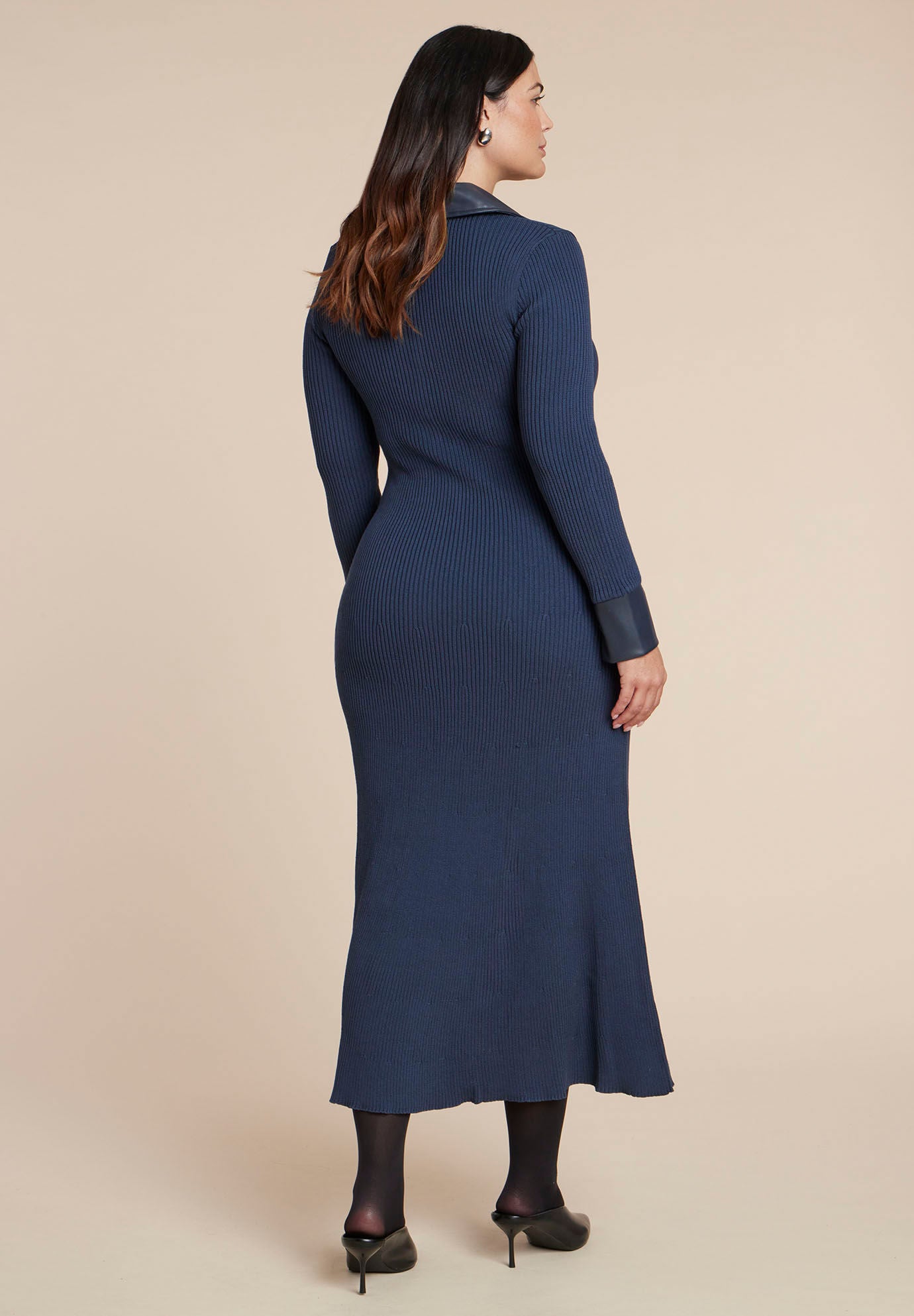  Faux Leather Detail Sweater Dress, NAVY, alternate image number 4