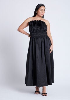Pleated Ruffle Neckline Midi Dress