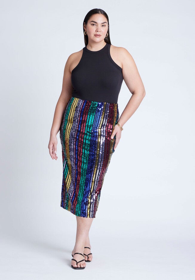 Rainbow Striped Sequin Midi Skirt, MULTI COLOR STRIPE, hi-res image number null
