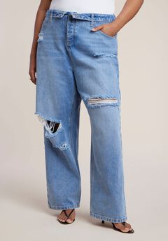 Foldover Waistband Distressed Straight-Leg Jean