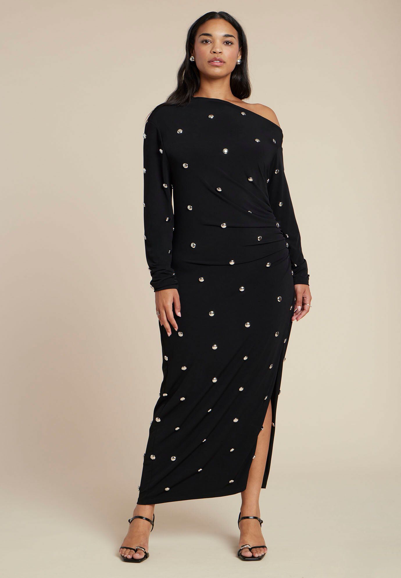 Draped Hardware Fitted Dress, BLACK ONYX, hi-res image number 0