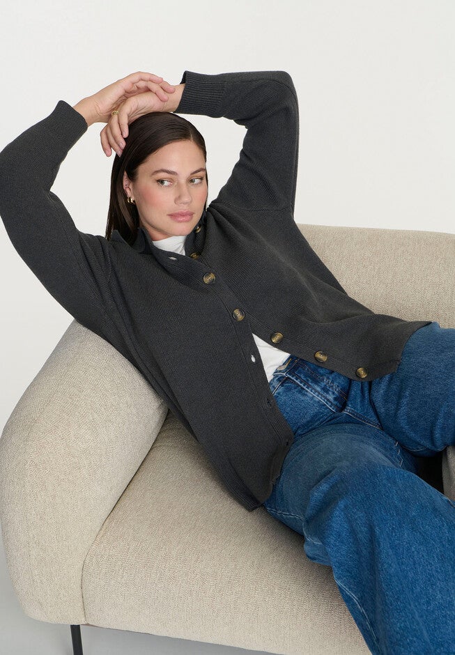 Collared Cardigan Sweater, DARK GREY HEATHER, alternate image number null