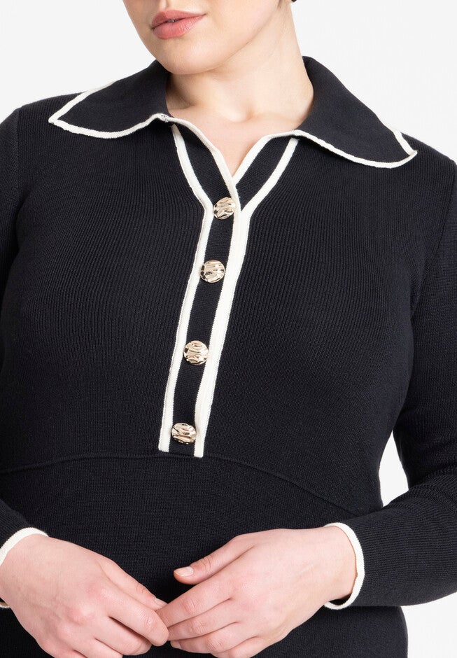 Ribbed Sweater Dress With Collar, BLACK ONYX, alternate image number null