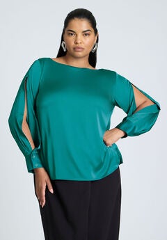 Boat Neck Blouse With Sleeve Slits