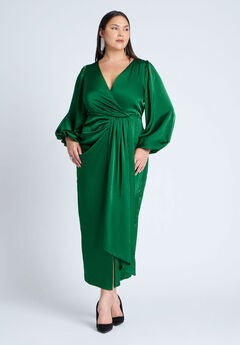 Satin Puff Sleeve Pleated Dress