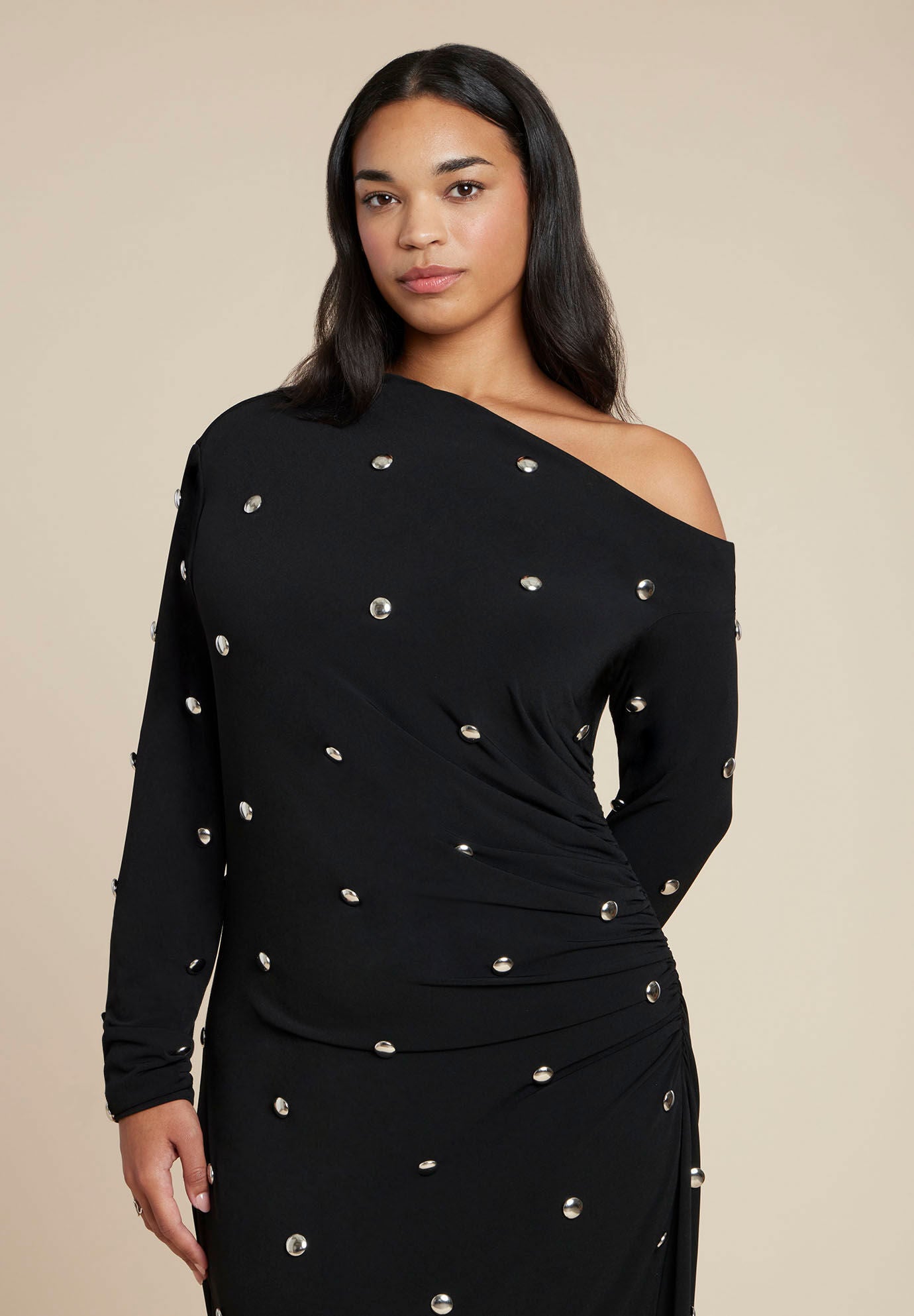 Draped Hardware Fitted Dress, BLACK ONYX, alternate image number 2