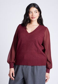 Sheer Sleeve V-Neck Sweater