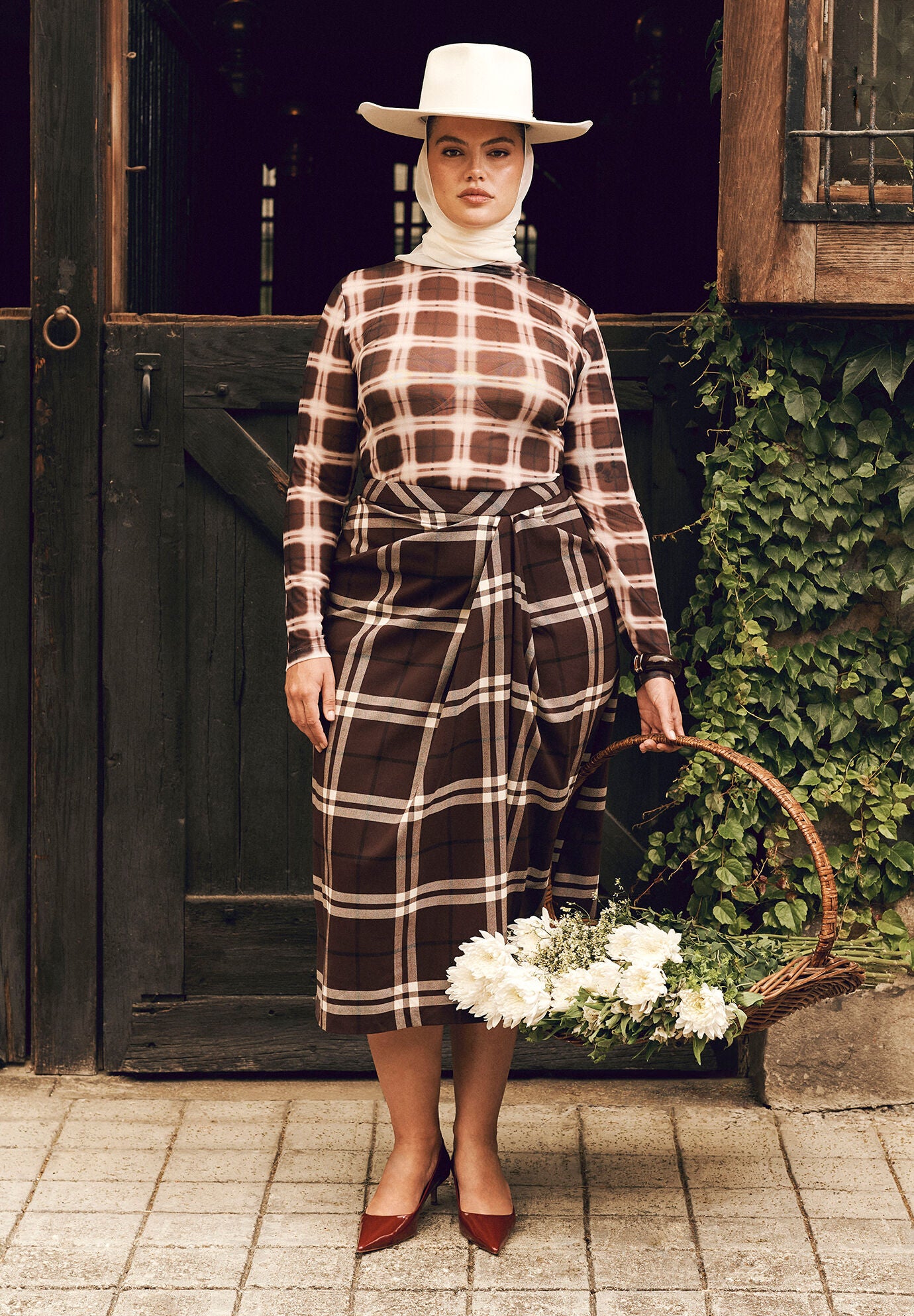 Draped Plaid Midi Skirt
