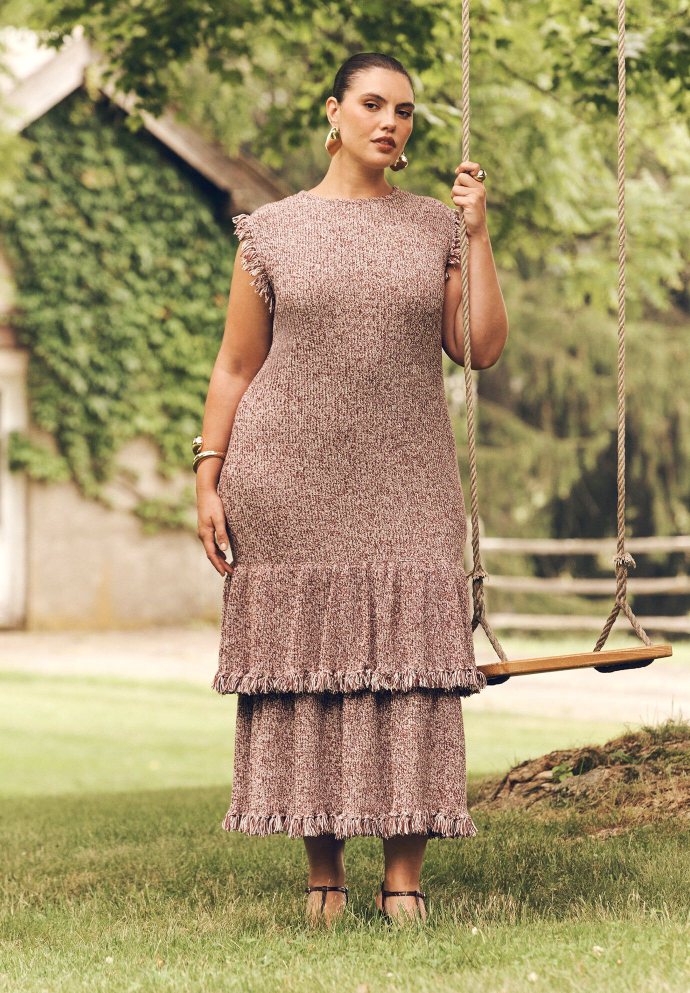 Frayed Ruffle Sweater Maxi Dress, RUSTY MARL, hi-res image number 0