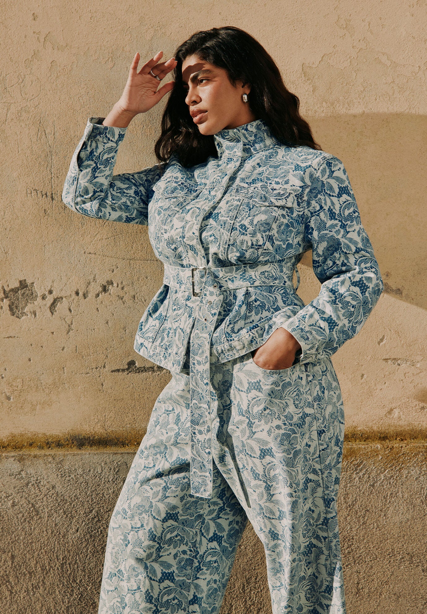 Lace Printed Denim Belted Jacket