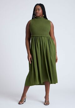 Sleevless Mockneck Twofer Midi Dress