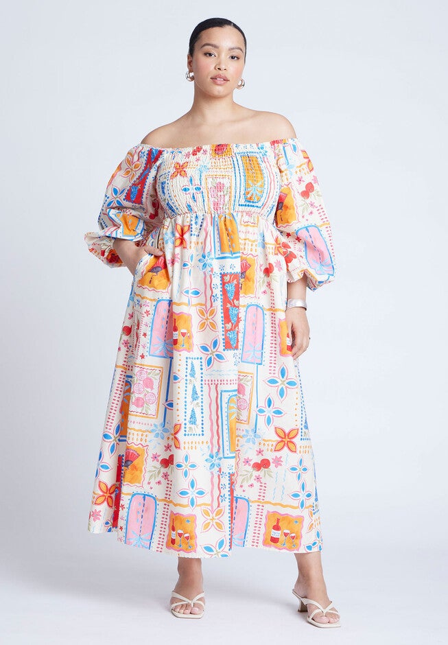 Printed Puff Sleeve Maxi Dress, SOUVENIR, on-hover image number null
