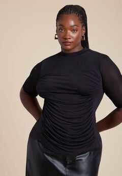 Shirred Mockneck Top With Sheer Sleeve