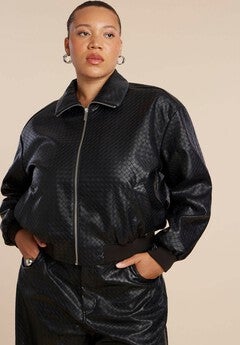 Basket Weave Faux Leather Bomber Jacket