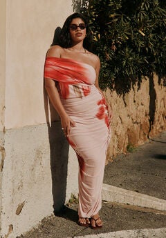 Asym Mesh Shirred Dress