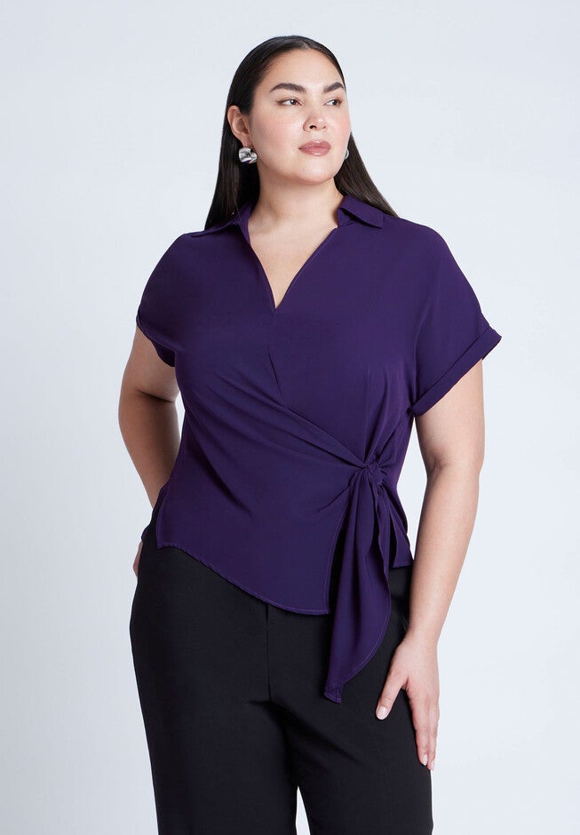 Short Sleeve Collared Top With Waist Tie, PLUM PURPLE, hi-res image number null