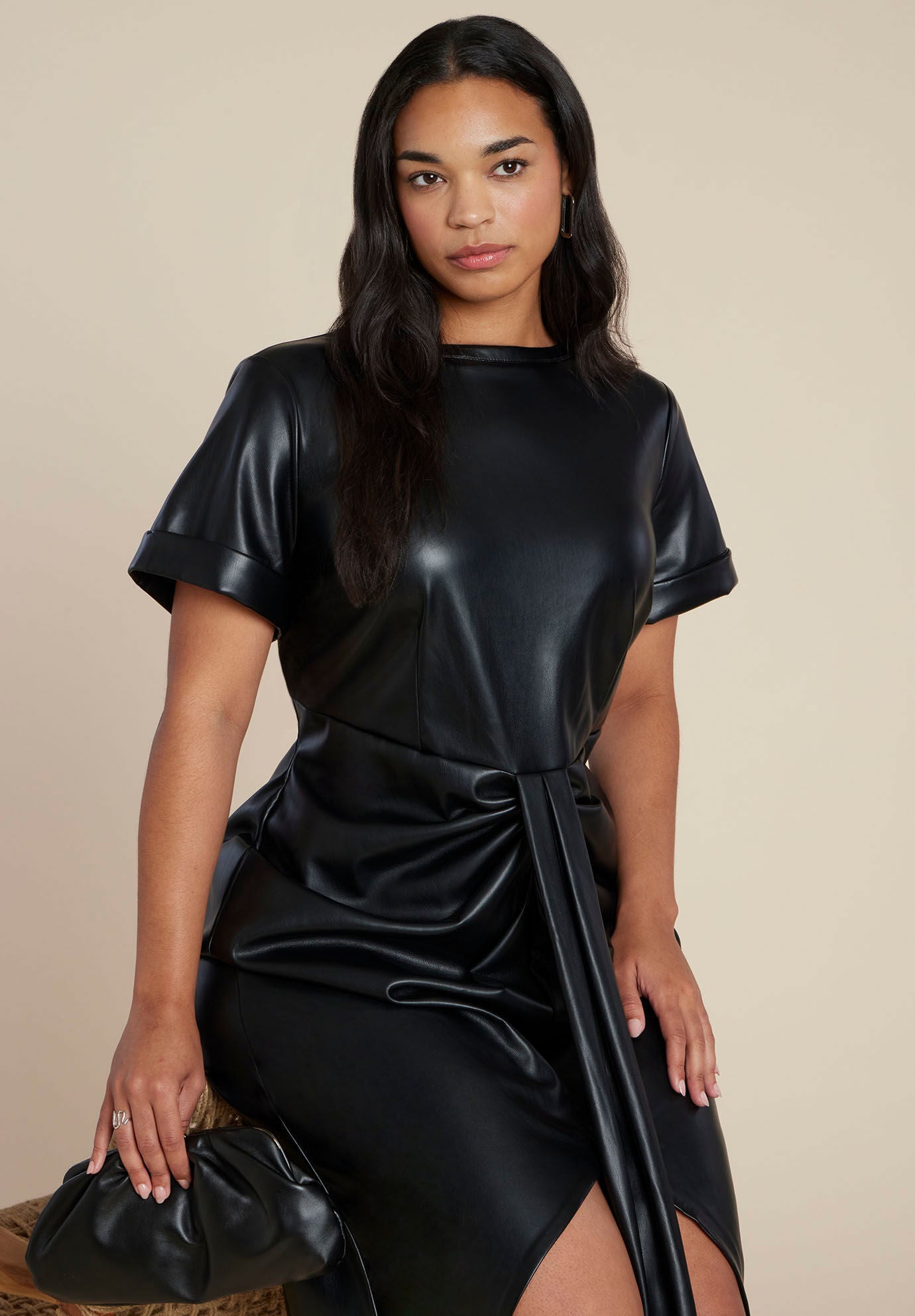 Faux Leather Tie Detail Dress, BLACK ONYX, alternate image number 2