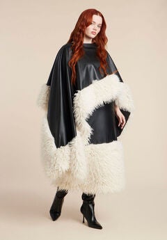 Faux Leather Cape With Faux Fur Trim