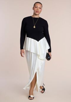 Mixed-Media Peplum-Detail Maxi Dress