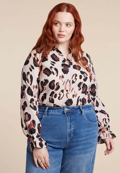 Printed Button Down Shirt with Ruffle Neck