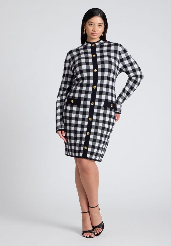 Intarsia Long Sleeve Drees, BLACK AND WHITE GINGHAM, hi-res image number null