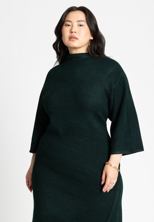 Funnel Neck Wide Sleeve Midi Dress, DARK GREEN, alternate image number null