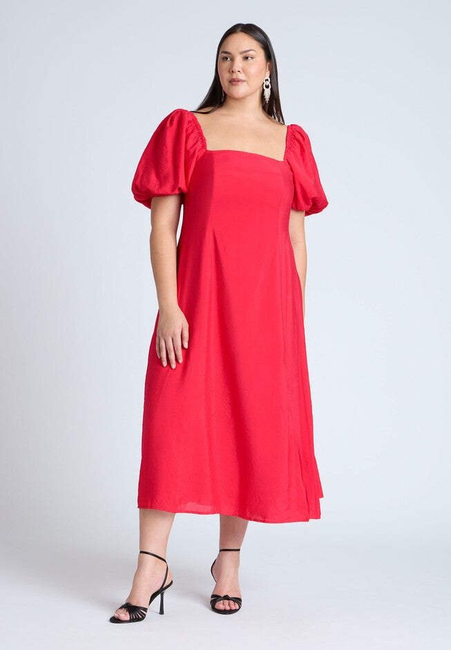 Puff Sleeve Flare Dress, PATROL RED, hi-res image number null