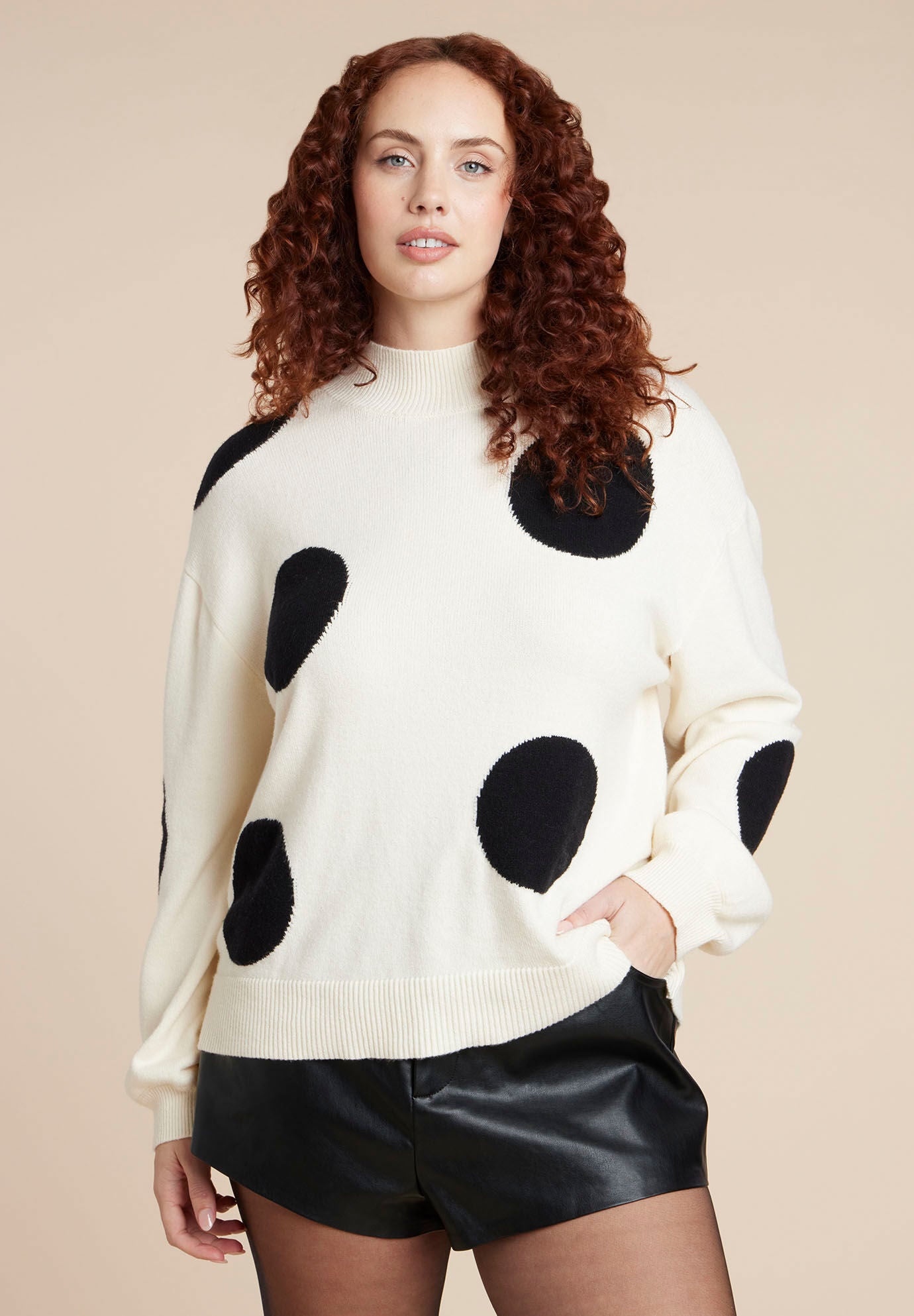 Polka Dot Sweater, WHITE WITH BLACK DOT PRINT, on-hover image number 1
