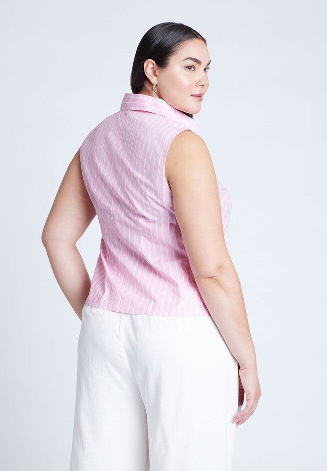 Striped Sleeveless Collared Top, PINK AND WHITE STRIPE, on-hover image number null