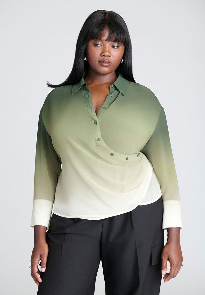 Ombre Wrap Button Down Top, GREEN OMBRE, hi-res image number null
